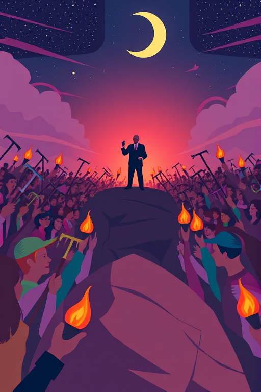 Create a digitally illustrated scene of a colorful, stylized crowd with pitchforks and torches facing a charismatic speaker standing on a large rock under a nighttime sky with a crescent moon, using a Canon EOS R5 with a 24mm lens, f/8 aperture, ISO 200, 1/100 sec shutter speed, and a wide-angle perspective for enhanced detail and depth.
