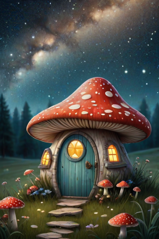 this picture is illustration of a mushroom house with a door and a window, a storybook , fantasy art, mushroom house, bg starry sky, sparkles