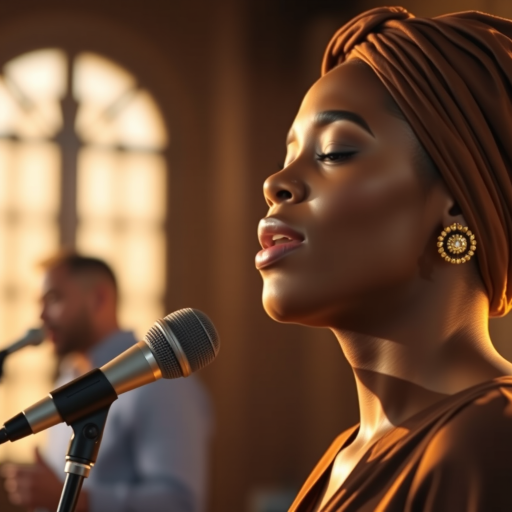 A close-up portrait of a Black woman with her eyes closed, singing into a microphone, positioned on the right side of the frame, facing the viewer. She is wearing a brown headscarf, gold earrings, and a brown blouse, and is bathed in warm, golden light emanating from the windows behind her. A blurred figure of a man singing into a microphone is visible in the background. The scene has a sense of calm and spirituality.