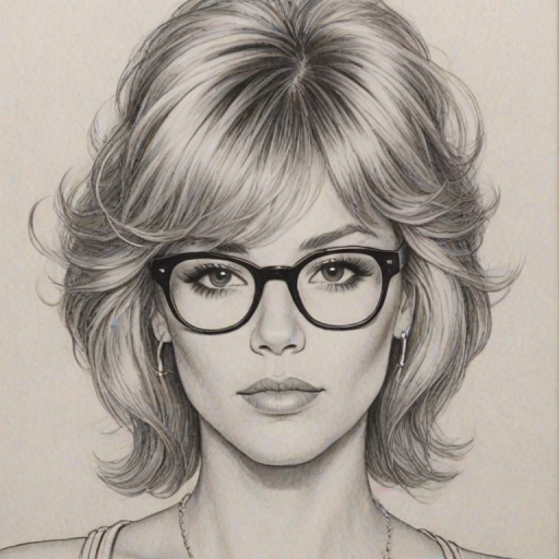Bewitching Kimberly Caldwell, pencil sketch, portrait of Enticing woman 1980s in glasses, hair style beatnik, outline, clear lines, fine lines, 8k