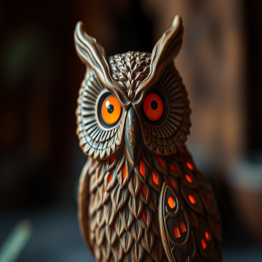 Regenerate an image of a detailed carved owl figurine with intricate patterns and bright orange eyes, shot with a Canon EOS R5 at 85mm, f/1.8, ISO 100, with soft diffused natural lighting and a slight bokeh background for depth.