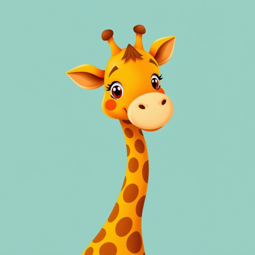 Create a cartoon-style illustration of a cheerful orange giraffe with brown spots, standing against a teal background, using a DSLR camera with a 50mm lens, aperture f/2.8, ISO 100, and soft lighting for enhanced image quality.
