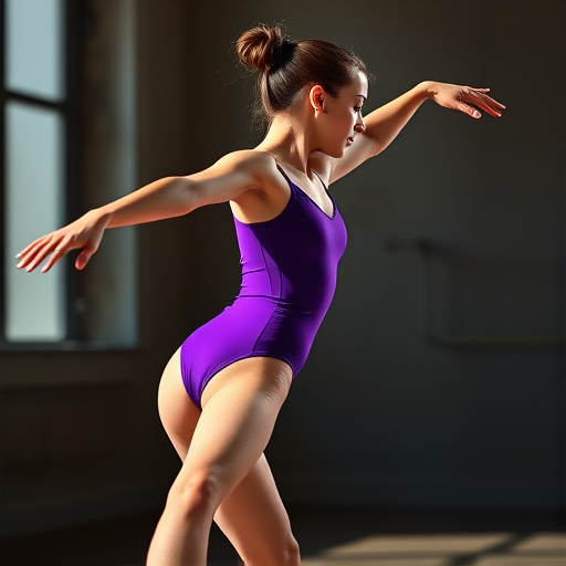 Create an image of a female dancer in a purple leotard stretching to the side with color balance adjusted for vibrancy, shot from a low angle using a DSLR camera with a 50mm lens, f/2.8 aperture, ISO 100, and natural lighting to enhance clarity and depth.