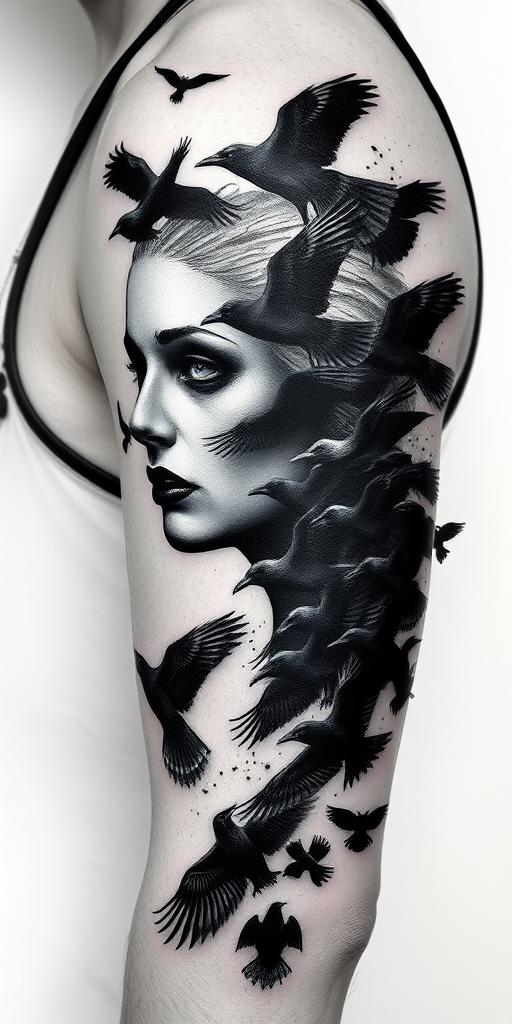 Surrealist blackwork tattoo named "Metamorphosis" featuring a haunting portrait seamlessly morphing into a flock of ravens taking flight, rendered in stark black ink with heavy contrast and precise linework, incorporating elements of optical illusions and double imagery to create a mesmerizing and thought-provoking design, utilizing negative space and strategic placement of solid black areas to enhance the overall impact, ideal for those drawn to dark and enigmatic tattoo styles that challenge perception and spark introspection