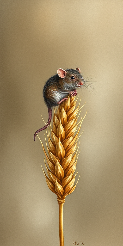 Soft, muted Alcohol Ink with ebru effect background image of tiny whimsical rat, who climbed high on the top of a golden rye ear.