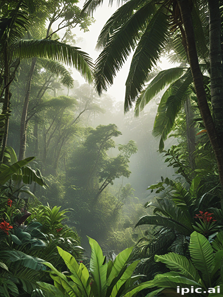 Lush Tropical Jungle with Misty Atmosphere and Vibrant Greenery ...