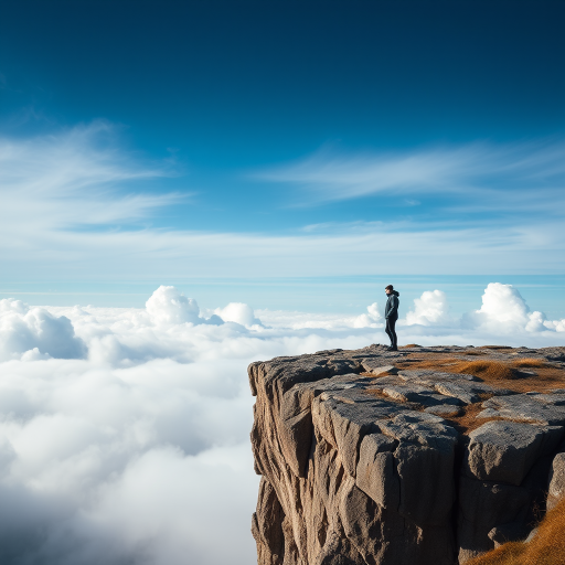 Create a high-resolution image of a lone figure standing on a rocky cliff with clouds and a blue sky in the background, shot with a Canon EOS R5, 24mm lens, f/8 aperture, 1/200 sec shutter speed, and ISO 100, in landscape orientation with a dramatic, surreal style.