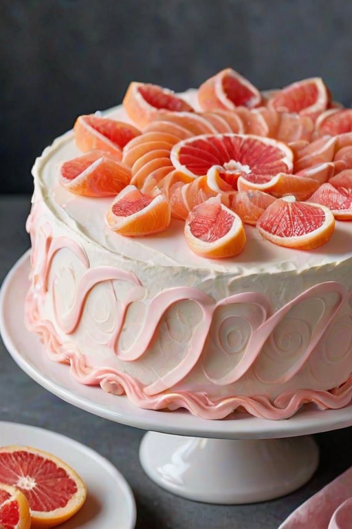 Create an image of a beautifully decorated cake with smooth white frosting, featuring a swirl of pink frosting on top. Include slices of grapefruit around the cake for decoration, and place it on an elegant white cake stand. Use a simple, clean background that enhances the cake's colors.