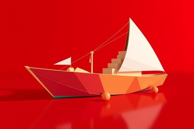 create a low-poly style illustration of a stylized boat with geometric shapes, vibrant colors, and set against a deep red background, shot with a high-resolution DSLR camera at f/8 aperture, 50mm lens, ISO 100, in a bright, well-lit studio setting