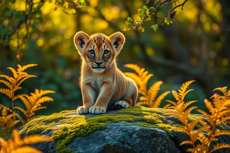 Young lion cub sitting on a moss-covered rock surrounded by lush greenery and golden ferns, warm sunlight filtering through the trees, captured with a DSLR camera, 50mm lens, f/1.8 aperture, ISO 100, shot at eye level with a shallow depth of field for a dreamy background.