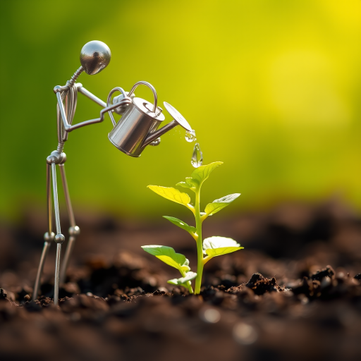 A metal figurine of a person, constructed from thin, silver rods, stands on the left side of the image, facing the viewer. The figurine is holding a small watering can and pouring water onto a young plant, with a few droplets in the air. The plant, with lush green leaves, is situated in the center, growing from dark soil. The background is a soft, out-of-focus blur of green, illuminated by warm, natural light.  The composition creates a sense of depth and intimacy. The image evokes feelings of growth, nurture, and hope.