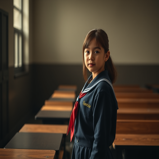 Portrait of a girl in a school uniform standing beside a wooden bench in a dimly lit classroom, natural light, ISO 200, aperture f/2.8, 50mm lens, shallow depth of field, taken with a DSLR camera, slight golden hour glow for warmth.