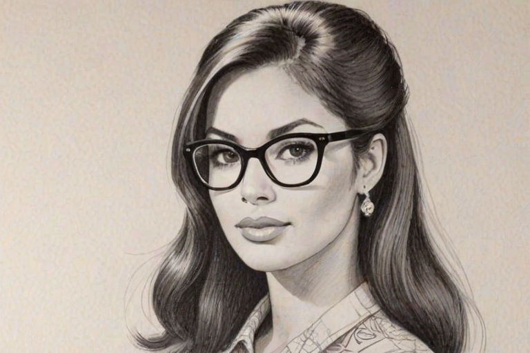 Appealing Vanessa Bryant, pencil sketch, portrait of Lovely woman 1960s in glasses, hair style beatnik, outline, clear lines, fine lines, 8k