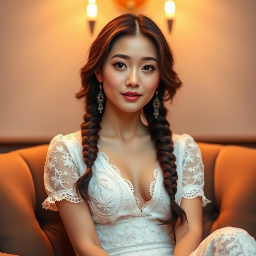 Create a portrait of a refined and elegant Korean woman seated in a sophisticated setting. She has long, wavy hair styled in two thick braids that are pulled over her shoulders. She wears a white, lace gown with intricate patterns, featuring a deep V-neckline and short sleeves. The dress exudes a vintage charm with its delicate lacework. She is adorned with ornate, dangling earrings that add a touch of glamour to her appearance. The background is softly lit, with warm, ambient lighting that creates a cozy and inviting atmosphere. Her expression is poised and serene, capturing a sense of grace and elegance.