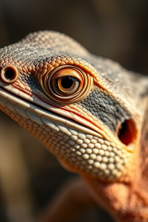capture a close-up of a lizard with detailed scales and textures, natural lighting, shallow depth of field, f/2.8 aperture, 50mm lens, DSLR camera, 1/250s shutter speed, ISO 100, focus on the lizard's eye