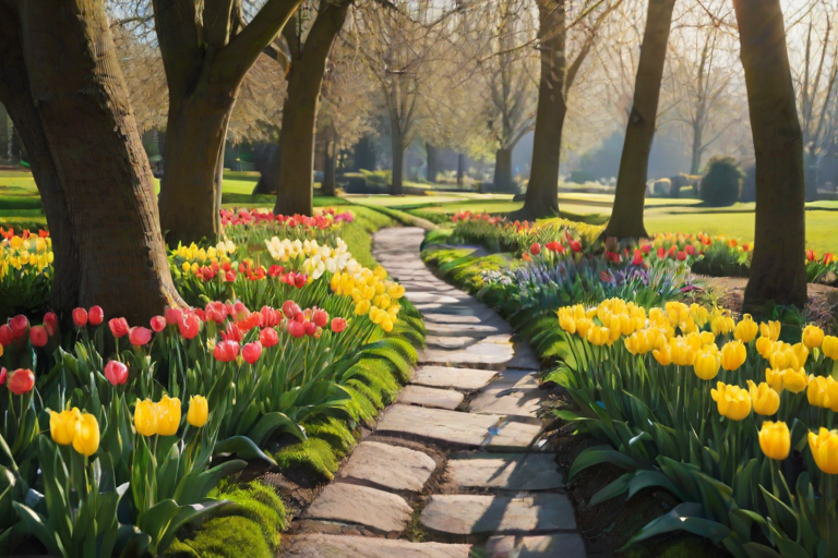Soft-focus image of a tranquil garden during spring, with vibrant tulips and daffodils blooming, soft sunlight filtering through trees and casting gentle shadows on a winding stone path.