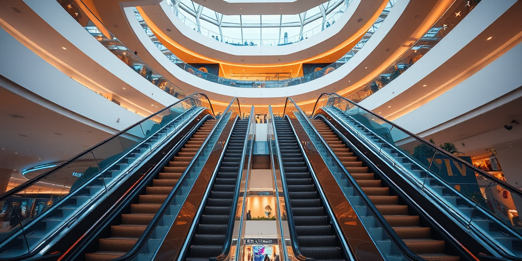 interior of a modern shopping mall featuring two escalators facing each other in a circular atrium, soft ambient lighting, high angle view, f/4 aperture, ISO 200, 24mm lens, digital camera, HDR effect for enhanced vibrancy and detail
