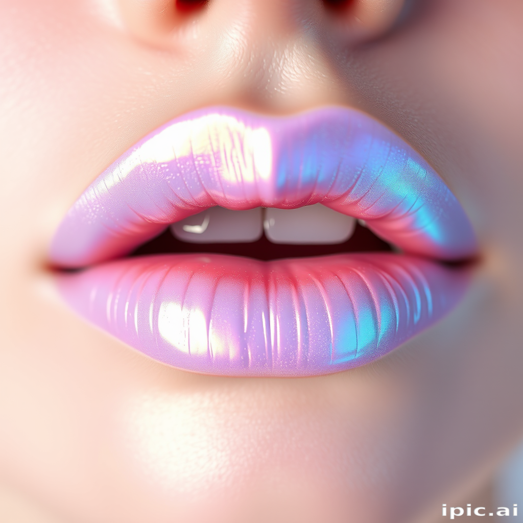 Ethereal iridescent lips shimmer with pearlescent hues, transforming from pale pink to soft blue depending on the angle of view