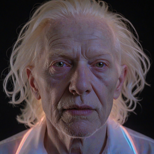 create a close-up perspective view fine art photography contemporary style of an elderly worn albino’s face with a soft, candid expression on a blurred sky black light background.Showcasing a modern style characterized by vibrant blacklight tones, using dramatic lighting and soft gradients to create a fine art atmosphere. The focus is on the light and facial features. motion light blur, neon backlit