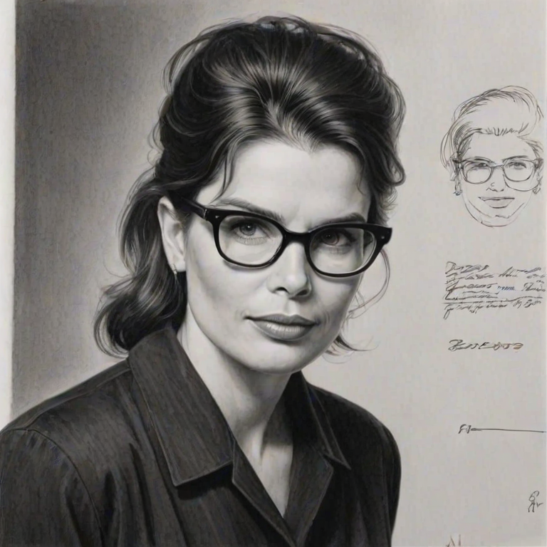 Ravishing Julia Ormond, pencil sketch, portrait of Captivating woman 1959s in glasses, hair style beatnik, outline, clear lines, fine lines, 8k
