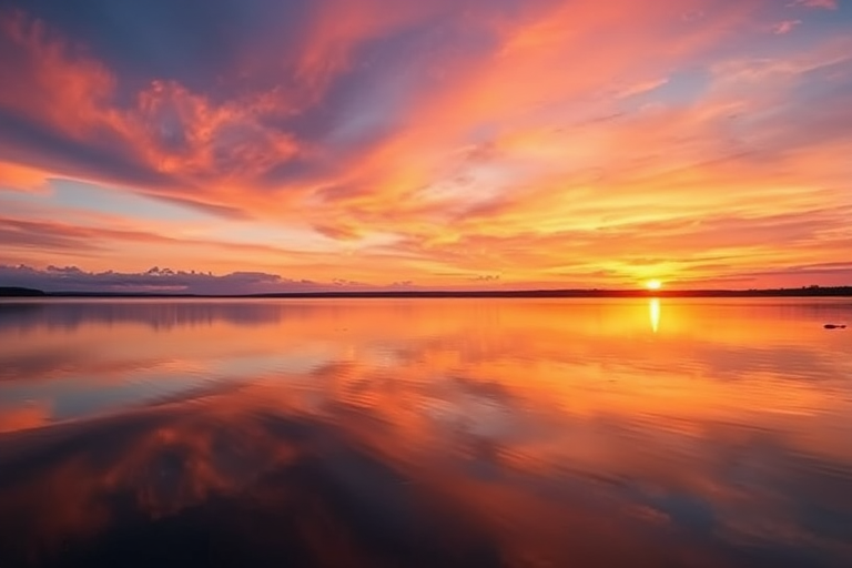 Generate a high-quality image of a serene sunset over a calm lake with vibrant colors in the sky and reflections on the water, using a DSLR camera with a 50mm f/1.8 lens at ISO 100, 1/200 sec exposure, shot from a low angle to emphasize the foreground and create depth.