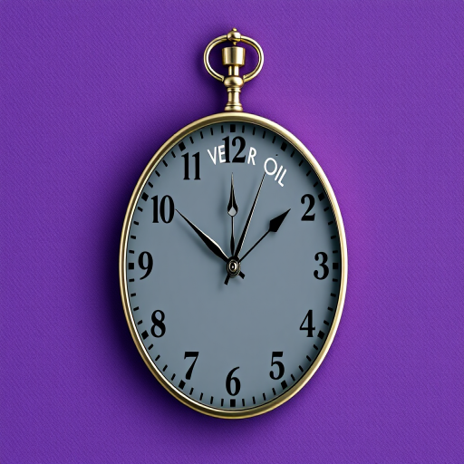 Create a high-resolution graphic representation of a stylized clock featuring the phrase "NEVER TOO OLD" in a bold, modern font centered above the clock face, with the hour hand pointing at 11 and the minute hand at 12, set against a textured purple background, using a DSLR camera with a 50mm lens, f/1.8 aperture, ISO 100, and a shallow depth of field for enhanced image quality.
