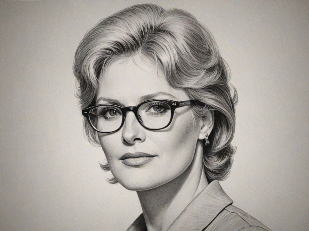 Splendid Sharon Gless, pencil sketch, portrait of Splendid woman 1965s in glasses, hair style beatnik, outline, clear lines, fine lines, 8k