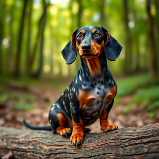 photograph a dachshund with a speckled coat sitting on a log in a forest setting, using a 50mm lens at f/1.8, focus on the dog with a blurred background for depth, shot in natural light with a shallow depth of field, taken with a DSLR camera
