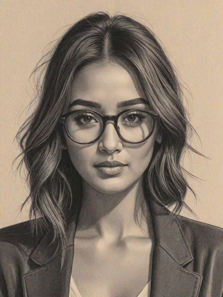 Ravishing Shay Mitchell, pencil sketch, portrait of Resplendent woman 1933s in glasses, hair style beatnik, outline, clear lines, fine lines, 8k