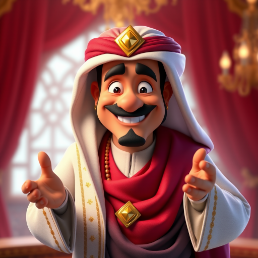 Create a 3D rendering of a wealthy Arab male sheikh from Dubai, inspired by the Disney animation style. The sheikh must have a smile and a playful but wise character. Place your character in an atmosphere of wealth and luxury. The image must be in high resolution format. Dynamic pose above the waist, gesturing with hands (Pixar Art style)++ highly detailed digital painting, art stations, concept art, soft focus, hard focus, illustrations. cinematic, visual effects, HDR, Unreal Engine 5, ray tracing, soft light, 8k, high detail, sparkling backlighting, luxury gem, game art, 3d, cartoon, colorful, magical, mysterious