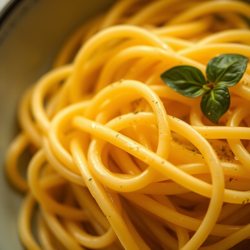 macro shot of smooth, golden fettuccine pasta, shallow depth of field, ISO 100, f/2.8, 50mm lens, natural lighting, high contrast, top-down view