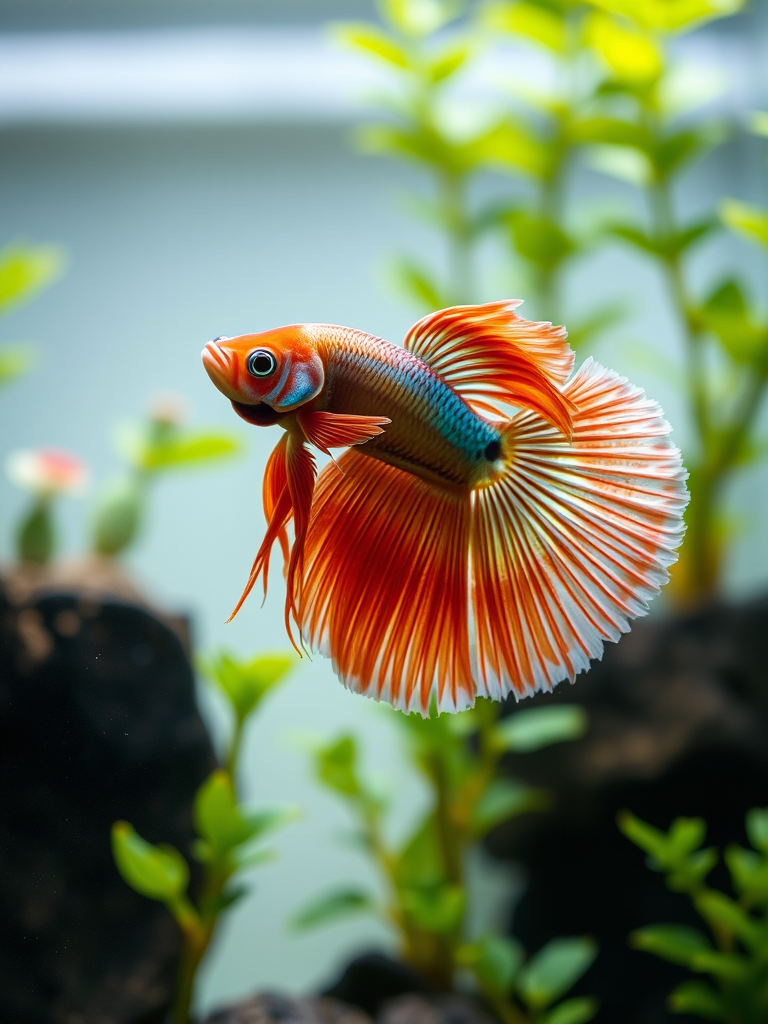 Create a high-resolution image of a betta fish swimming gracefully in a planted aquarium with a soft focus background, using a 50mm lens at f/2.8, 1/200s shutter speed, ISO 200, in natural lighting.