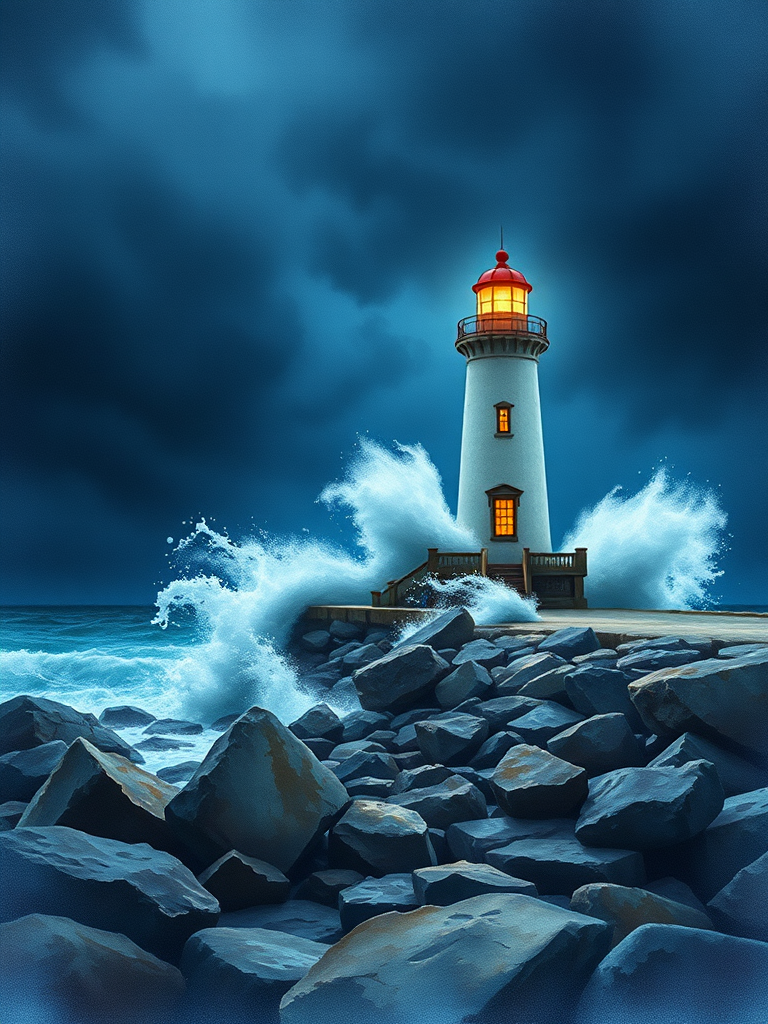 Generate a high-quality watercolor painting of a lighthouse on a rocky shore during a stormy night, with dramatic waves crashing against the rocks and illuminated windows in the lighthouse, captured with a Canon EOS R5, 50mm lens, f/1.8, ISO 200, shot in a wide-angle view for greater depth, using soft focus to enhance the atmospheric mood.