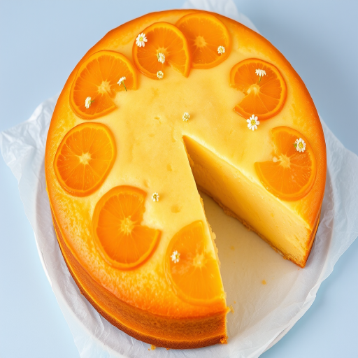 A beautifully baked round cake with a golden crust and a smooth texture, decorated with orange slices and small white flowers, placed on a white parchment paper on a light blue surface. A portion of the cake is cut out, revealing its yellow interior.