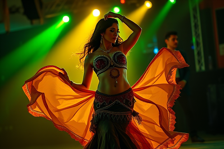 Regenerate an image of a belly dancer in an elegant pose, using a Canon EOS R5 camera with a 50mm f/1.2 lens, aperture set to f/2.8, ISO 200, and a shutter speed of 1/200s, from a low-angle shot with dramatic lighting in shades of green and yellow, emphasizing the dancer's intricate costume and flowing movements.