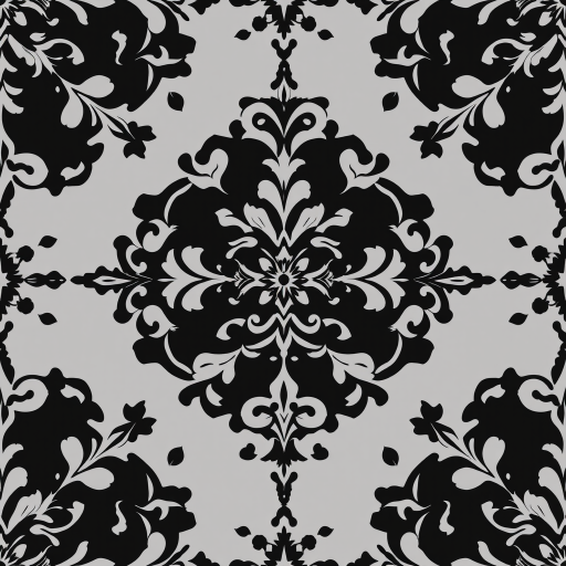 regenerate a seamless black damask pattern with intricate floral designs in high resolution, using a DSLR camera, f/8 aperture, 50mm lens, ISO 100, soft diffused lighting and a top-down view to enhance details and contrast