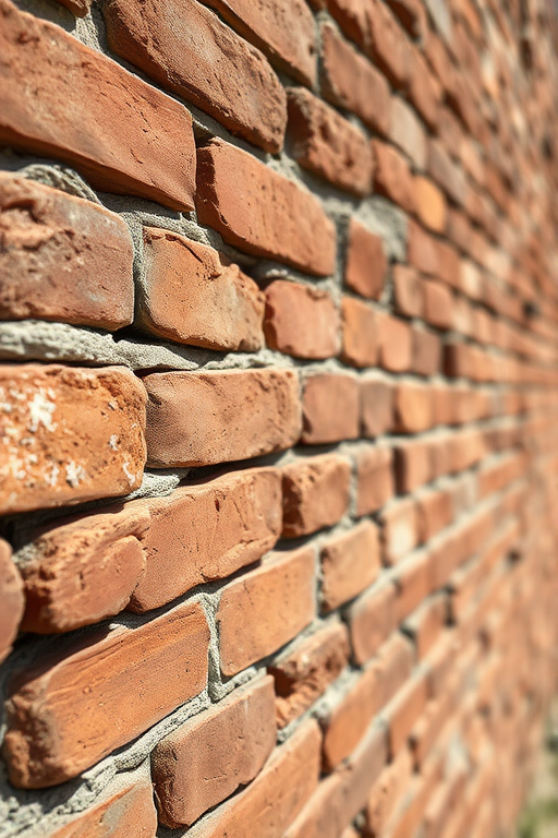 Capture a detailed close-up of an aged brick wall ruin, showcasing texture and color variations, with a 50mm lens, aperture set to f/4 for depth of field, ISO 100 for clarity, and natural sunlight to enhance shadows and highlights.