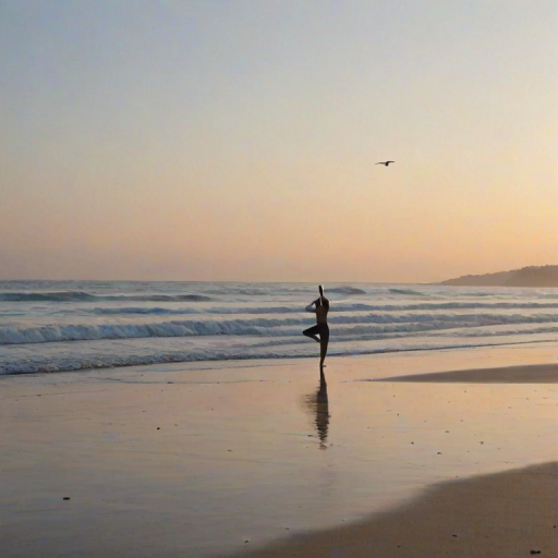 Tranquil beach scene at dawn, with gentle waves lapping at the shore, a lone figure practicing yoga on the sand, and seagulls soaring in the clear sky.