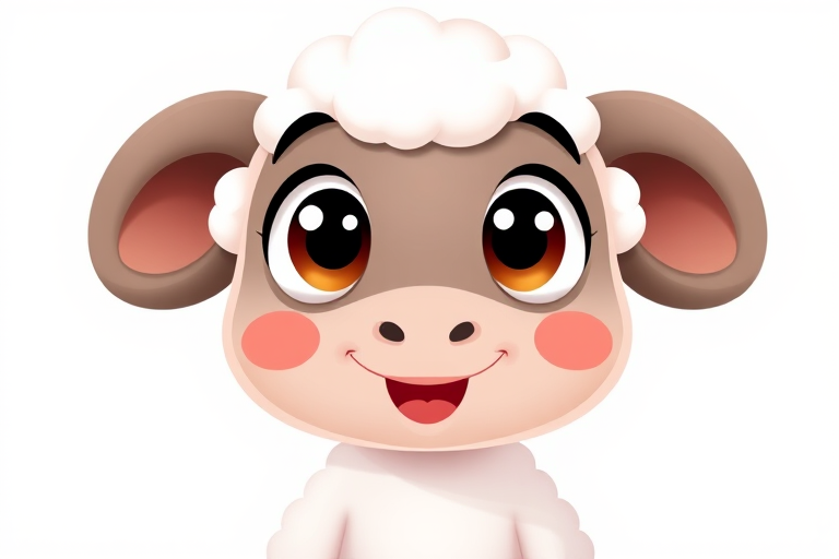 Create a cute and friendly cartoon sheep character with big expressive eyes and a happy smile, on a plain white background, captured in a high-resolution digital illustration, using a 50mm lens, f/2.8 aperture, and soft lighting for a gentle look.