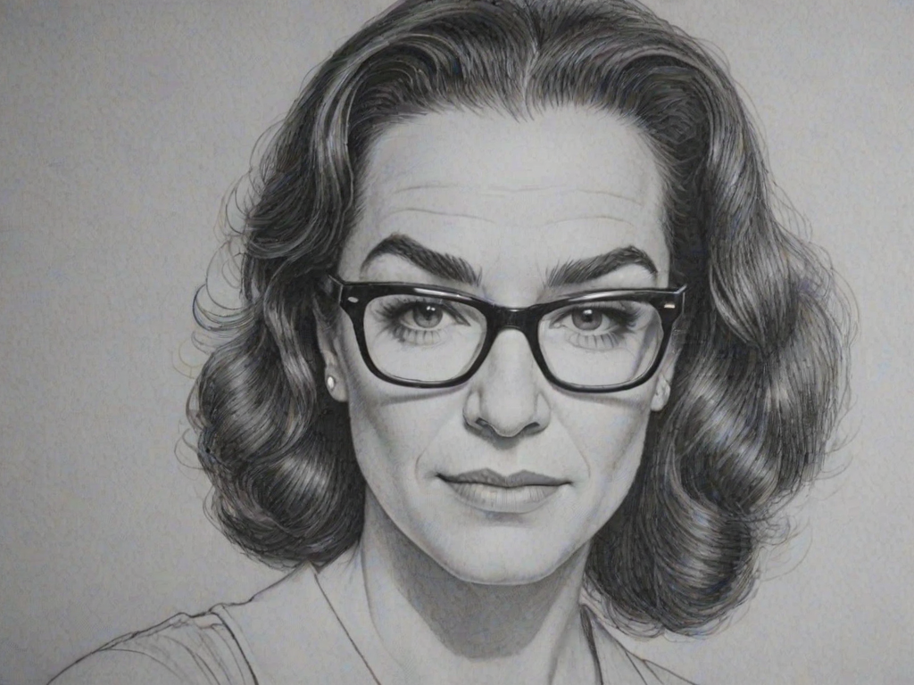 Superb Mandy Patinkin, pencil sketch, portrait of Ravishing woman 1951s in glasses, hair style beatnik, outline, clear lines, fine lines, 8k