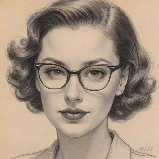 Attractive Erin Darke, pencil sketch, portrait of Comely woman 1941s in glasses, hair style beatnik, outline, clear lines, fine lines, 8k