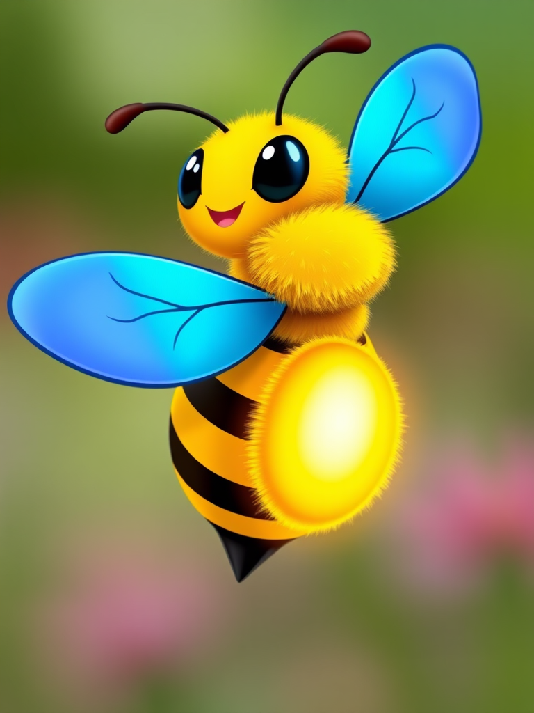 Create a vibrant cartoon-style image of a friendly bee with large blue wings and a bright yellow glowing tail, using a DSLR camera with a 50mm lens, f/1.8 aperture, ISO 100, 1/200 shutter speed, shot from a slight upward angle to enhance detail and vibrancy.