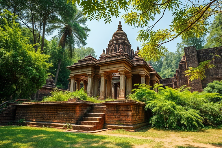 Capture a high-resolution image of an ancient temple ruins surrounded by lush greenery, use a wide-angle lens at f/8, ISO 100, with a Canon EOS R5, from a low angle for depth, in natural sunlight to enhance colors and details.