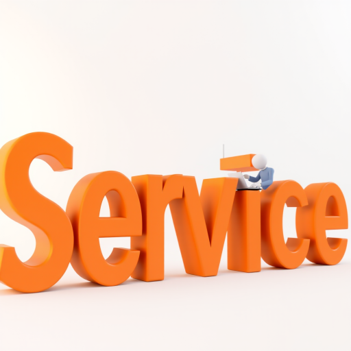 Create a 3D render of the word "Service" in bold orange letters, with a small character typing on a laptop, using a Canon EOS R5 camera, 50mm lens, aperture f/2.8, ISO 100, with a slight low angle view and soft lighting to enhance image quality.