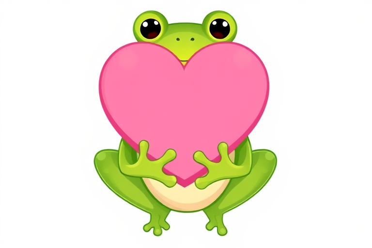 Create a cute cartoon frog character with a smiling face and rosy cheeks holding a large pink heart in its hands against a simple white background. The frog should have a friendly and cheerful expression, and the style should be playful and colorful.