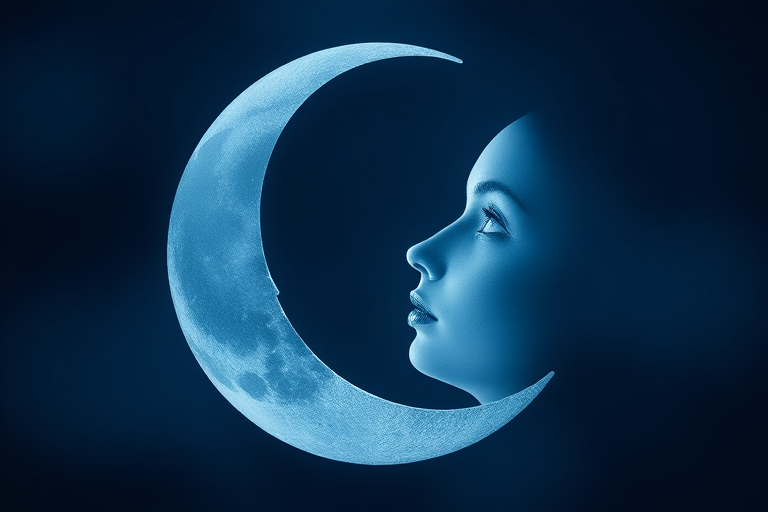 Create a detailed illustration of a crescent moon with a serene female face incorporated into its shape, ensure smooth gradients in shades of blue, focus on intricate textures representing lunar craters, shot with a Canon EOS 5D Mark IV, 50mm lens at f/2.8, ISO 100, with a soft focus background to highlight the moon face.