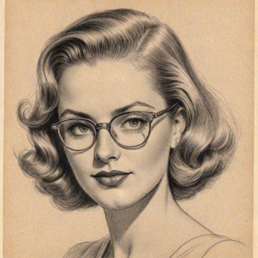 Dazzling Zoe Laverne, pencil sketch, portrait of Beauteous woman 1938s in glasses, hair style beatnik, outline, clear lines, fine lines, 8k