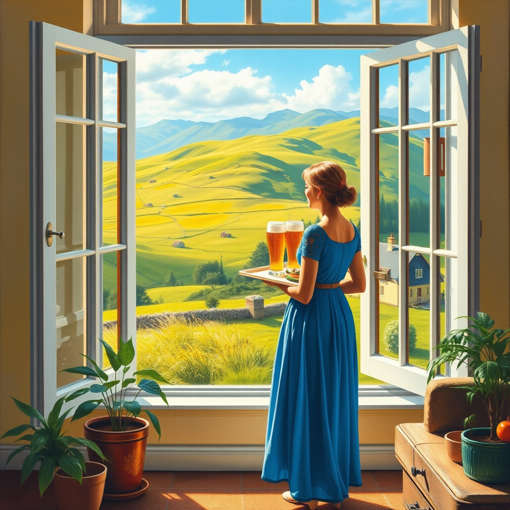 In "A Glass of Beer on the Highland," a serene scene is depicted in a sunlit room where a woman in a vibrant blue dress stands by a large window. She holds a tray with a hearty meal and a frothy glass of beer, embodying a moment of relaxation. Outside, the breathtaking highland landscape features rolling green hills and a charming traditional house, all bathed in warm afternoon light. The interior is adorned with potted plants, creating a harmonious blend of comfort and nature. The painting beautifully captures the tranquility and joy found in simple pleasures amidst stunning scenery