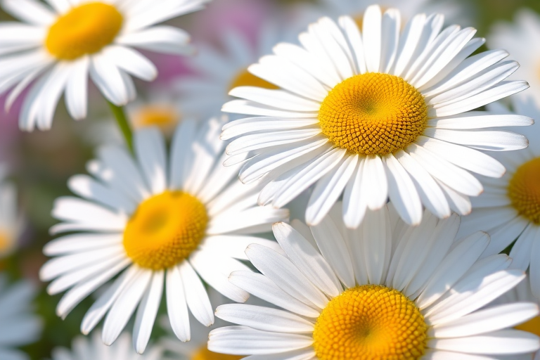 High-resolution illustration of white daisies with yellow centers, vibrant colors, soft focus background, macro lens, f/2.8 aperture, 1/200 shutter speed, ISO 100, shot from a slightly elevated angle with natural light.