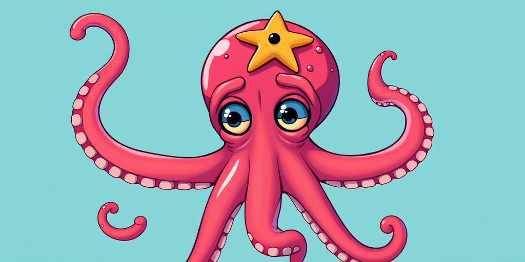 Generate a vibrant cartoon-style octopus character with exaggerated facial features and a starfish on its head, using a Canon EOS R5, 50mm lens, f/2.8 aperture, 1/200 sec shutter speed, and bright, playful colors.